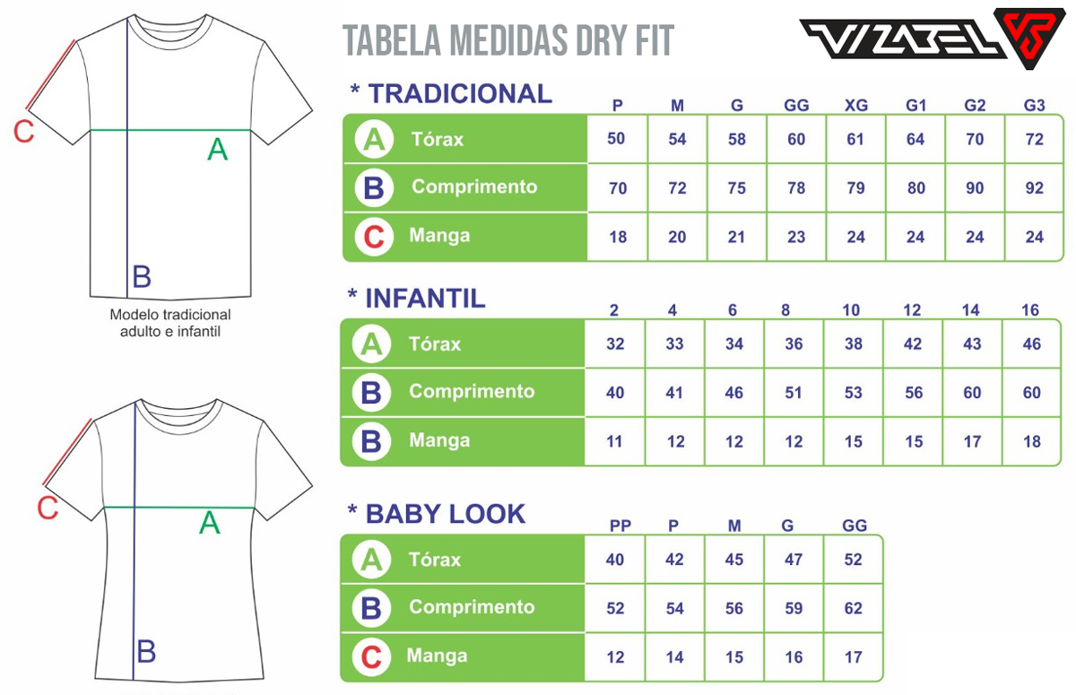 Tabela de Medidas Camisetas Dry Fit